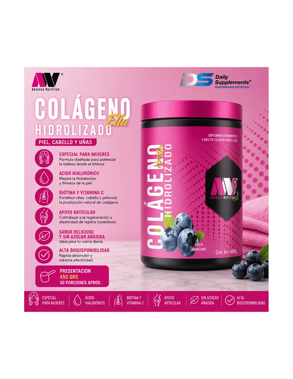 Miniatura: ADV Colágeno Hidrolizado Ella 450g | Piel, Cabello y Uñas