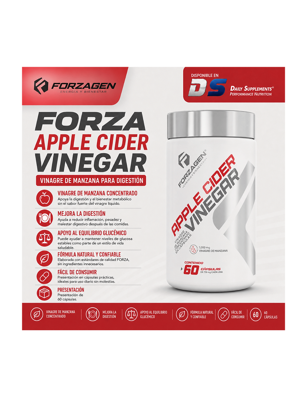 Miniatura: Forza Apple Cider Vinegar 60 Caps | Vinagre de Manzana  para Digestión