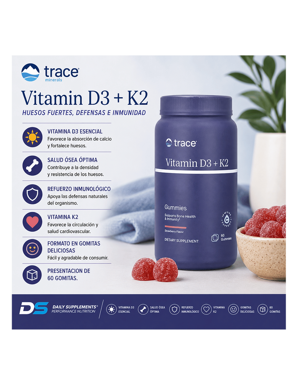 Miniatura: Trace Minerals Vitamin D3 + K2 60 Gomitas | Huesos Fuertes, Defensas e Inmunidad