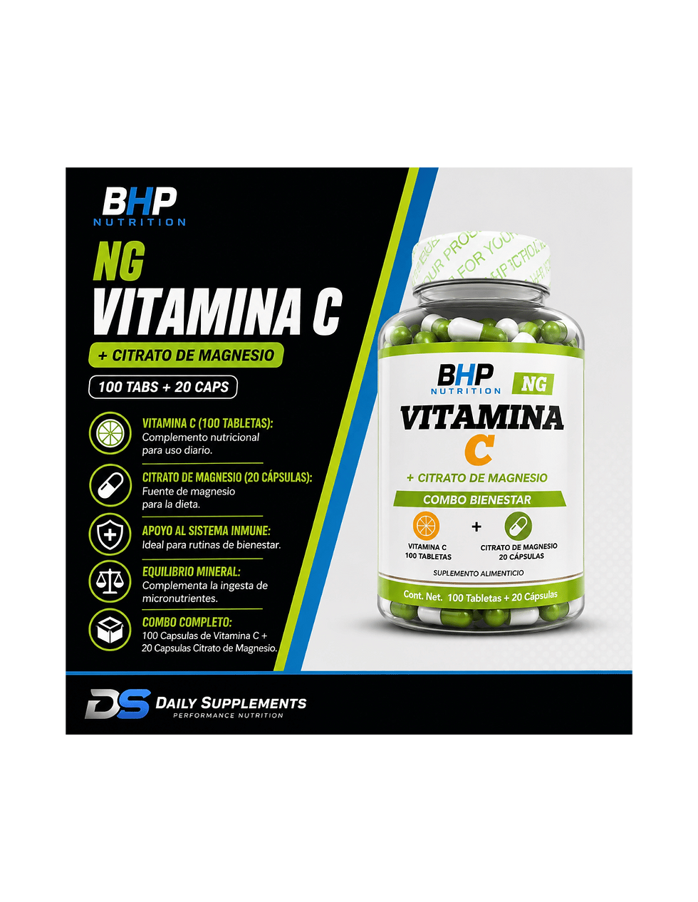 Miniatura: BHP NG Vitamina C + Citrato de Magnesio | 100 Tabs + 20 Caps | Bienestar
