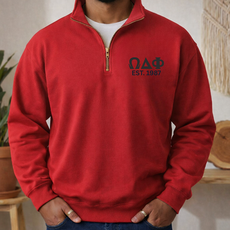 Thumbnail: Omega Delta Phi Embroidered Greek Letters Quarter Zip Sweater