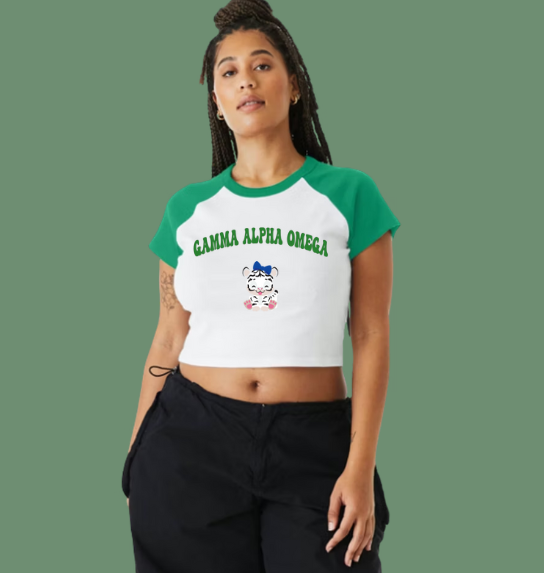 Thumbnail: Gamma Alpha Omega Raglan Kelly Green Baby Tee
