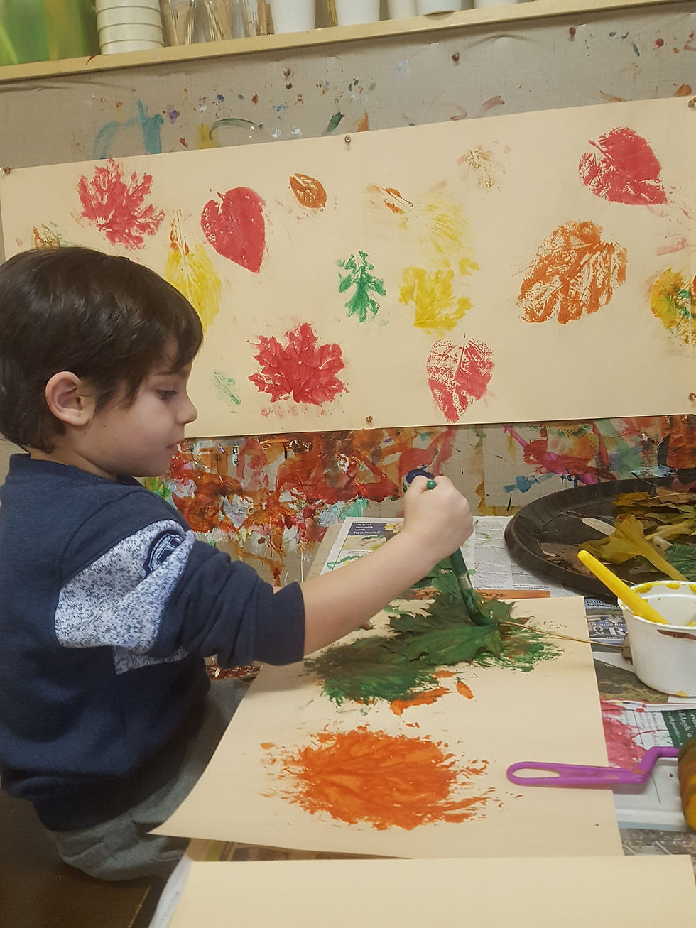 Leaf stamping at the easel