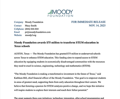 Moody Foundation Press Release Cover