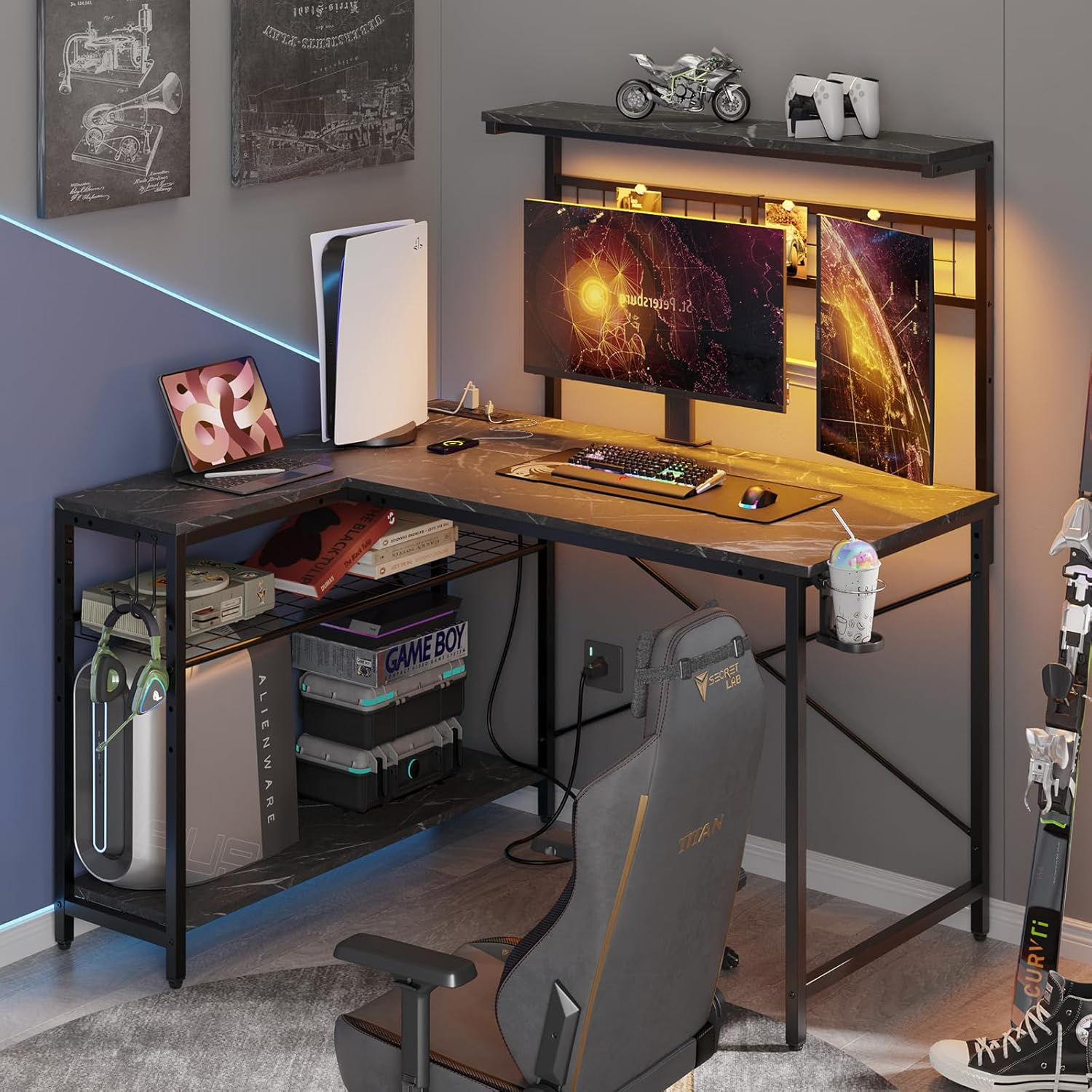 42in L Shaped Gaming Computer Desk with Power Outlets & LED & Shelves & Storage