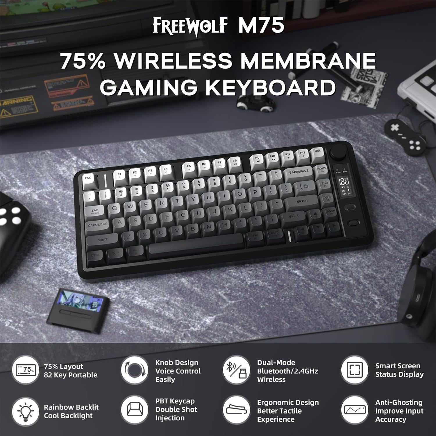 ATTACK SHARK M75 Wireless Membrane Gaming Keyboard with Knob&OLED Display Blueto