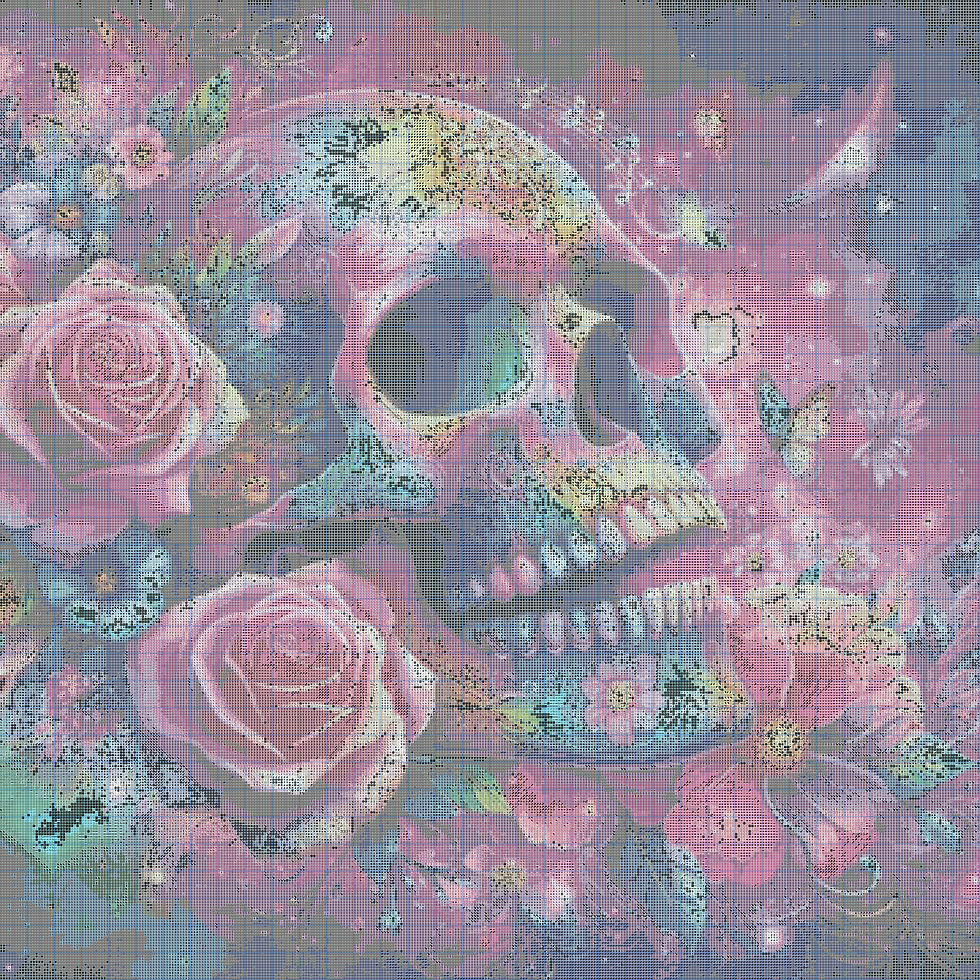 Miniaturbild: Skull in Flowers 90x90 370 Farben