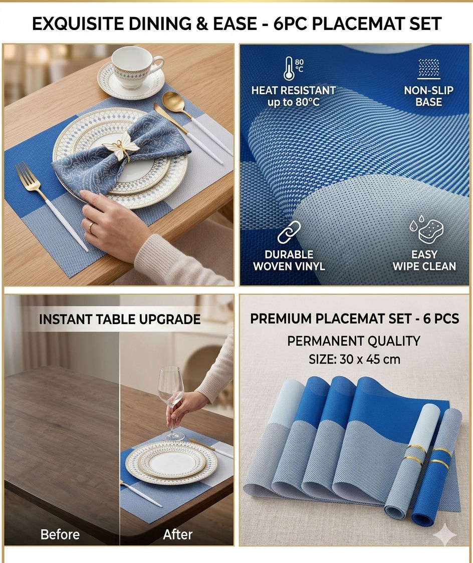 Thumbnail: Premium 6-Piece Dining Table Placemat Set (30x45 cm) 