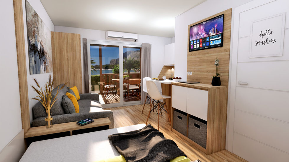 “Simgesan 20m² kapalı alanlı ahşap konteyner iç tasarım.”