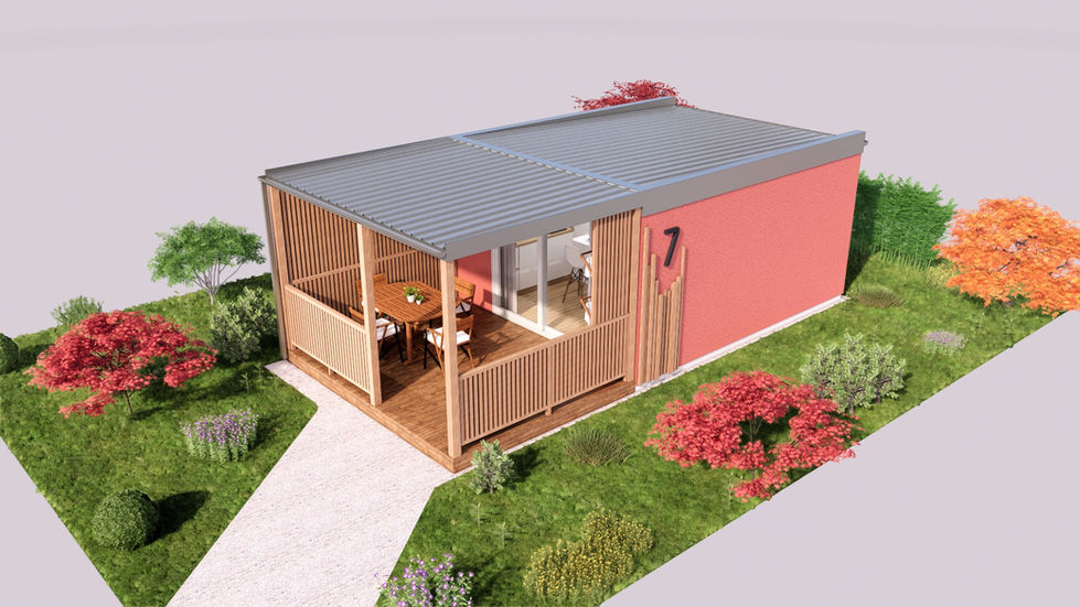 “Simgesan verandalı ahşap konteyner ev dış cephe görüntüsü.”