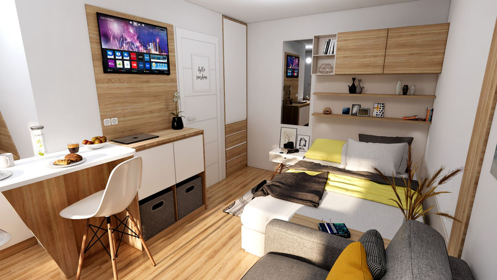 “Simgesan ahşap konteyner ev laminant parke iç mekan.”