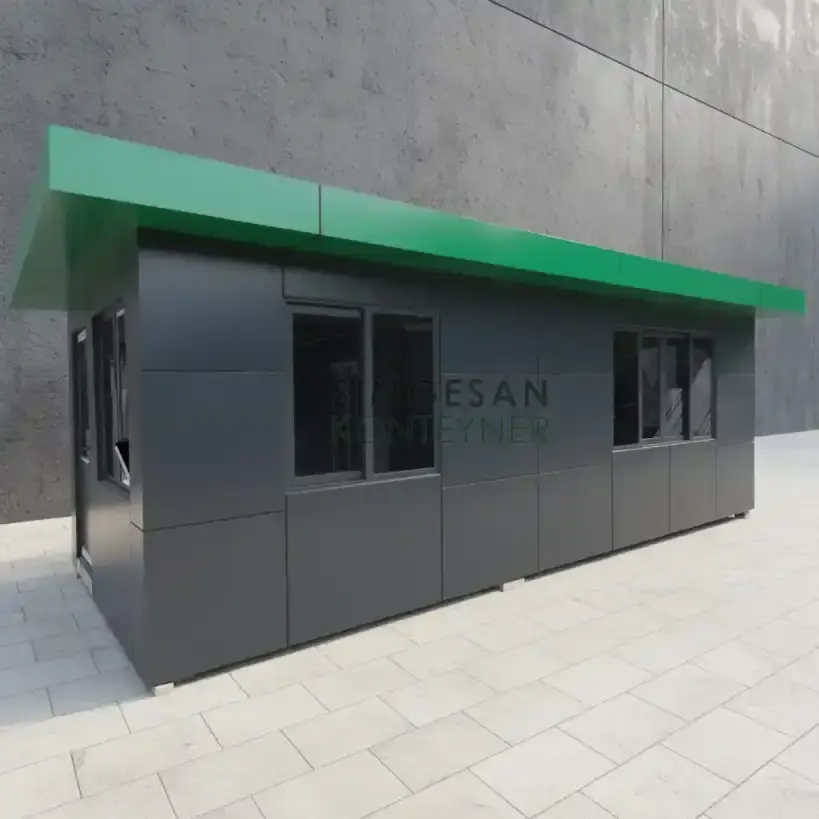 Siyah konteyner binası, üzerinde YESAN yazısı, yeşil çatılı ve Simgesan Konteyner.