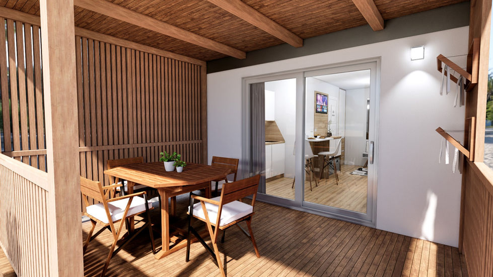 “Tiny house tarzı verandalı ahşap konteyner ev.”