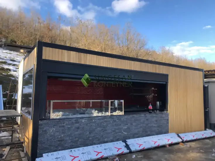 250x700 ahşap kaplama cafe konteyneri dış görünüm