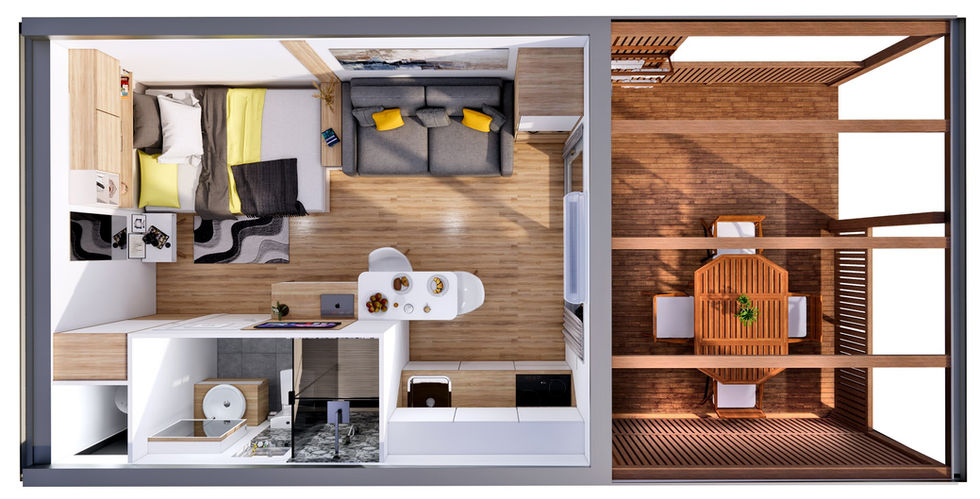 “Bahçe içinde verandalı ahşap konteyner ev modeli.”