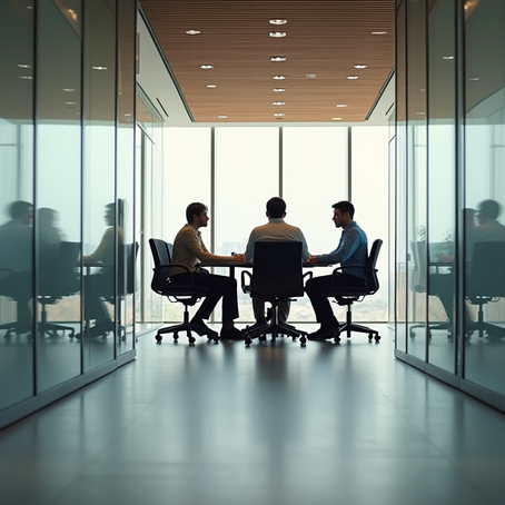 Three men sitting at a conference table in a modern office