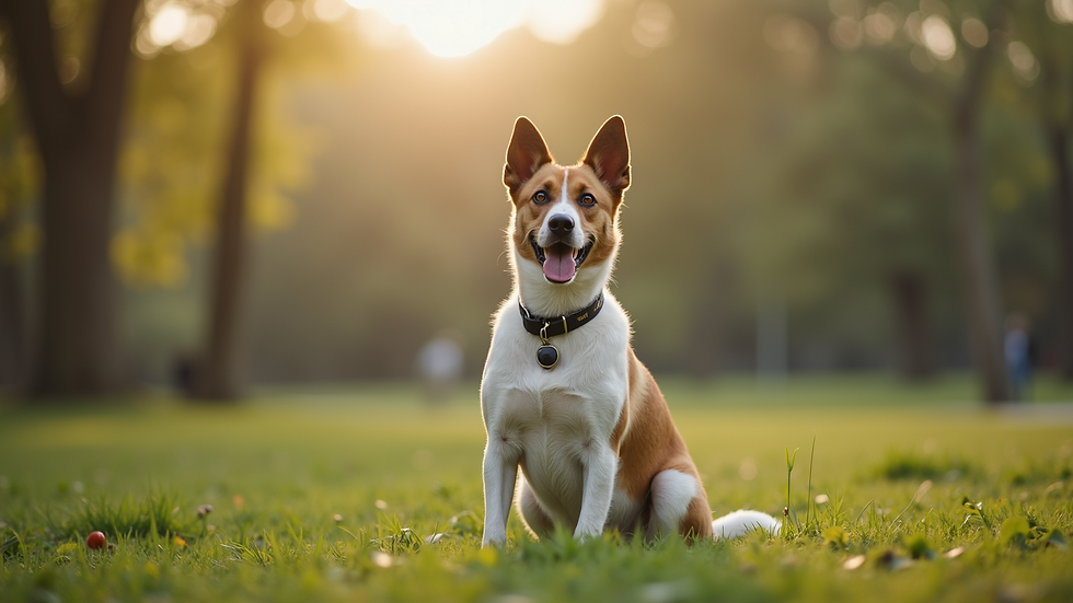 Eye-level view of a dog sitting attentively during a training session in a park