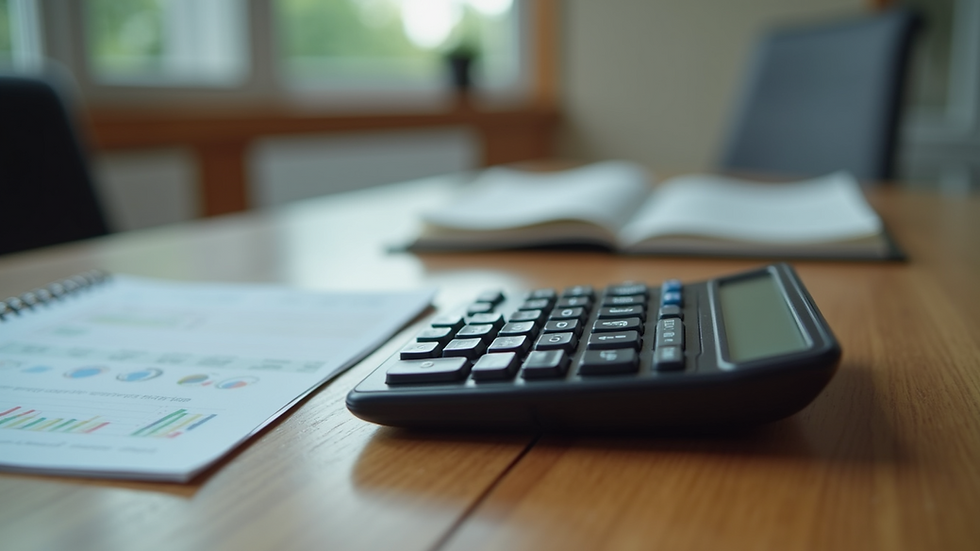 Close-up of a calculator and notebook on a wooden table