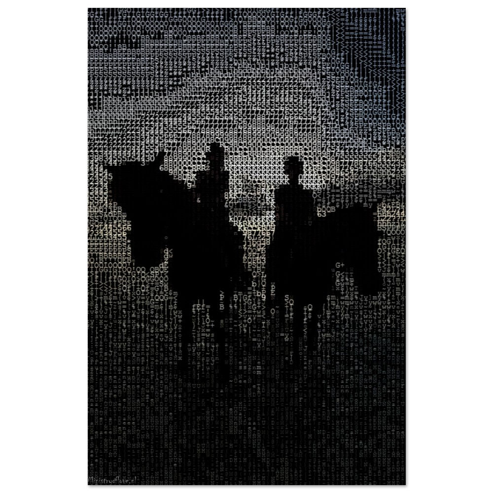 Two silhouetted riders on horseback against a dark, textured background.