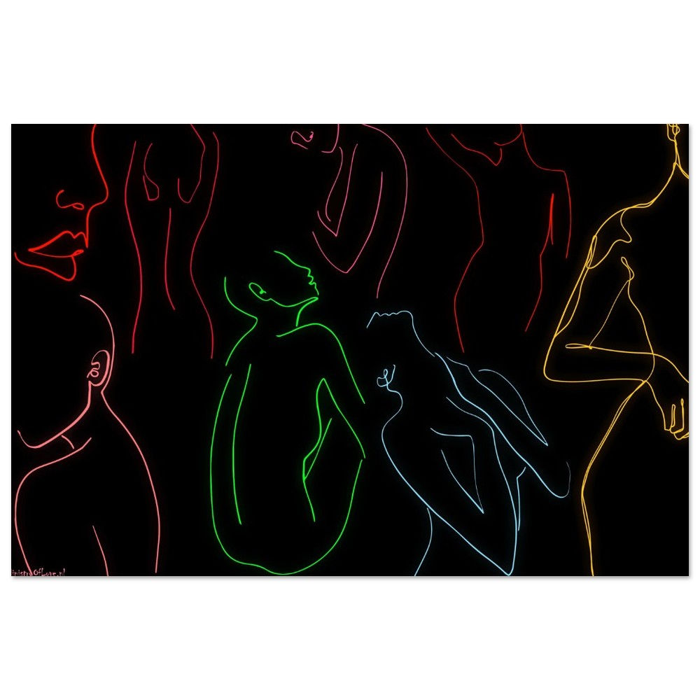 Outlined figures in various colors on black background, artistic representation of people.