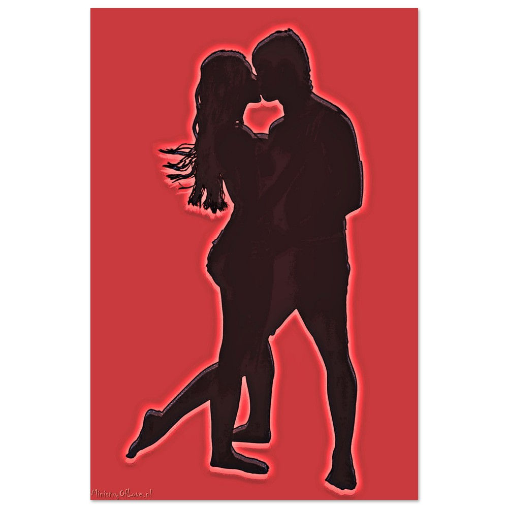 Silhouette of two people kissing with a red background; romantic couple.