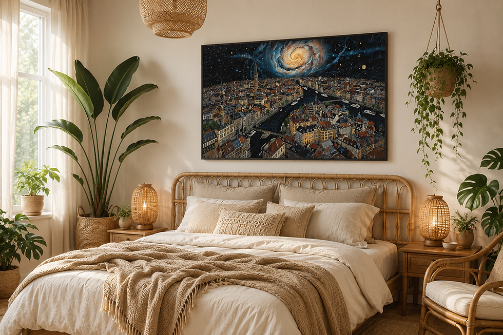 Amsterdam Galaxy wall art featuring a cosmic Amsterdam cityscape displayed in a bright boho bedroom with bamboo furniture, tr
