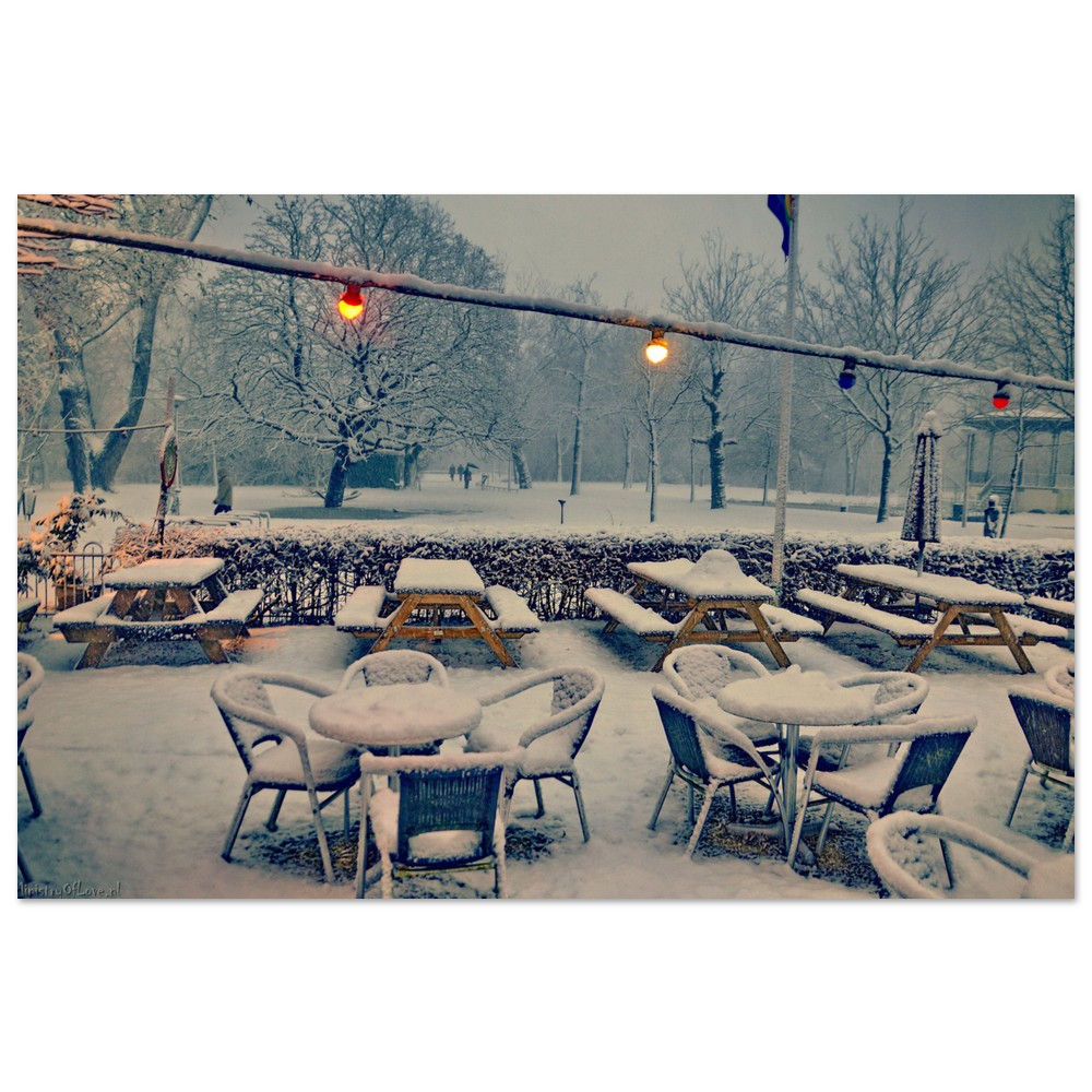 Snow covered tables and chairs in outdoor cafe, park in background.