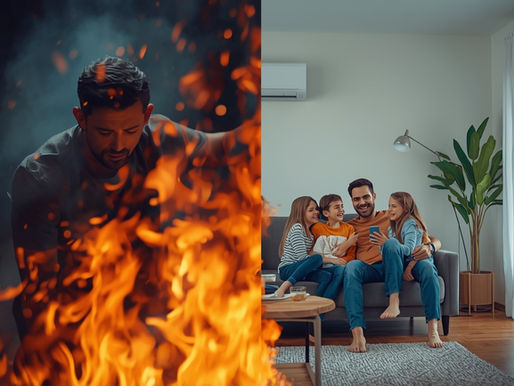 “Split screen image: left side sweating family uncomfortable, hot, flames exagerated, right side cool modern living room with air conditioner working perfectly with happy family