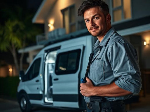 A professional air conditioning technician repairing a split system inside a modern Gold Coast home at night, toolkit open, LED work light, realistic lighting, clean branding, high-resolution commercial photo