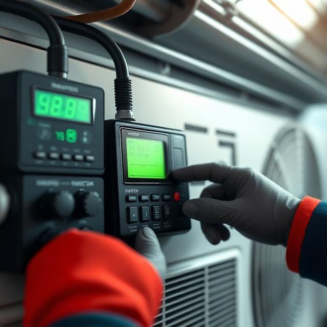 A close-up shot of HVAC diagnostic tools connected to an air conditioner, with digital readings, professional hands wearing gloves, crisp high-detail photography.