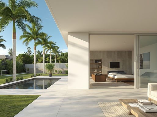 Photorealistic image of a modern Gold Coast family home during summer heat, bright sunlight outside, palm trees, clear blue sky, air conditioner running indoors, family relaxing comfortably inside, realistic Australian suburban setting, high humidity summer atmosphere, professional lighting, ultra-sharp, natural colours, no text, no logos