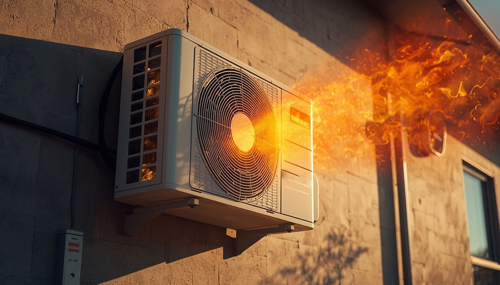 Wall-mounted air conditioner operating during extreme heat fire, outdoor temperature high, airflow visible, realistic HVAC detail, educational style, ultra high resolution