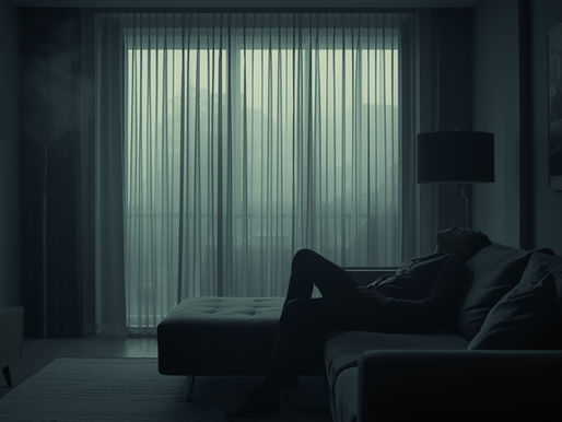 Gold Coast modern home interior with visible humid atmosphere, slightly foggy air, person looking uncomfortable on couch, soft grey lighting, realistic photography, cinematic mood