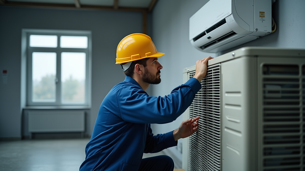 Close-up view of a technician repairing a split system air conditioner