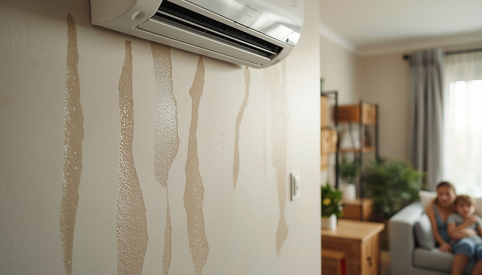 “indoor wall with visible condensation droplets and damp patches near air conditioner, realistic, soft natural lighting, modern home, family in room looking worried”