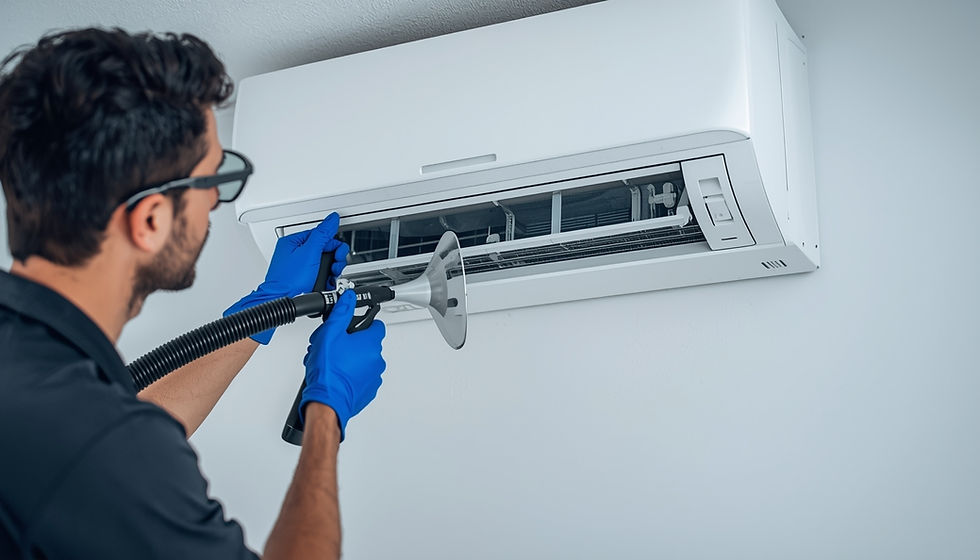 “professional technician cleaning inside air conditioner with hydro cleaning equipment and plastic drain cover to collect water, water spray, modern home, high detail”