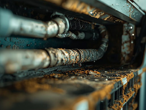extreme close-up inside air conditioner unit showing mould and moisture buildup, realistic, detailed, dramatic lighting