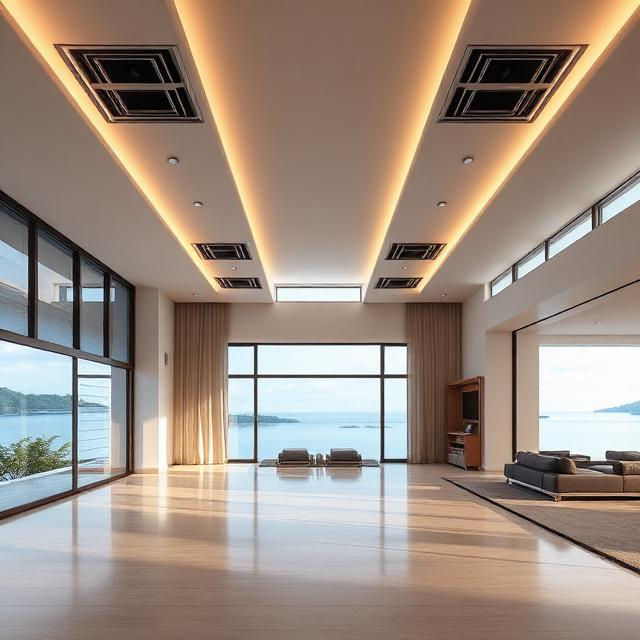 Luxury waterfront home interior with discreet ducted air conditioning vents, modern design, soft lighting, premium residential setting