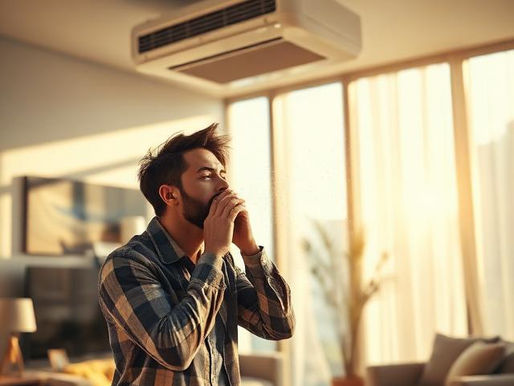 Person coughing in a modern living room with an air conditioner above, atmospheric dust particles visible in soft sunlight, realistic photography, Gold Coast home interior, medical awareness theme.