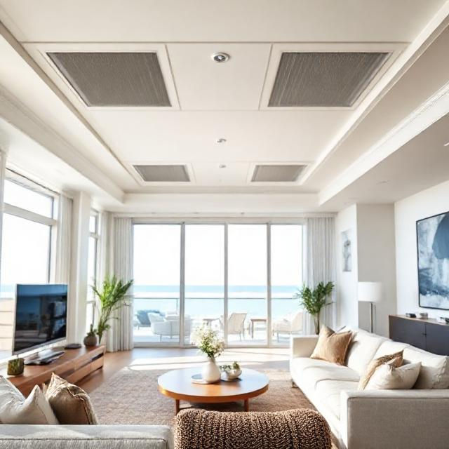 “Luxury Gold Coast living room with sleek white ducted air conditioning ceiling vents, coastal interior design, modern minimalist style, sunlit open-plan home, high-resolution photo.