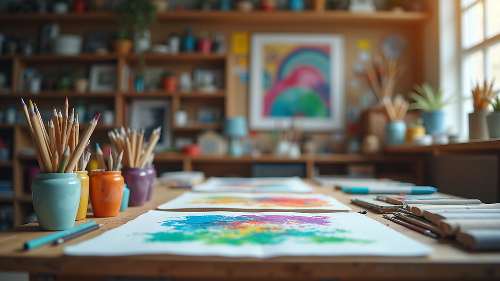 Eye-level view of a colorful art studio filled with various art supplies