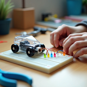 Hands connect colored LEDs to a breadboard with a small toy car in a cozy room. Battery pack, tools, and plant visible in the background.