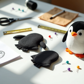 A plush penguin, pattern pieces, and colored pins on a sunlit table; scissors, ruler, and sketches beside. Sewing setup mood.