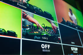 DJ mixing music on multiple screens; "Preview", "CAM 2", "OFF 00:00:00", "STOP"