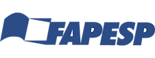 Logo FAPESP. Um livro com uma página azul escura e outra branca ao lado FAPESP escrito na cor azul
