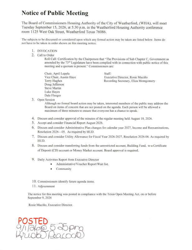 Notice Of Public Meeting September 15, 2026