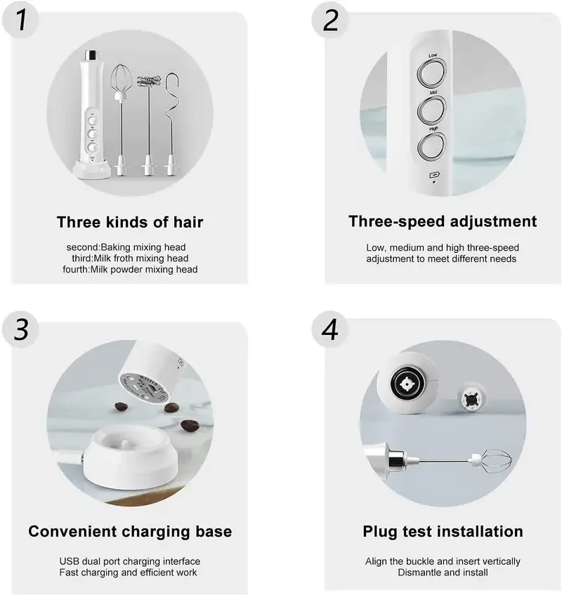 Miniatura: Wireless Rechargeable Electric Milk Frother - 3 Speeds, Handheld Foam Maker for 