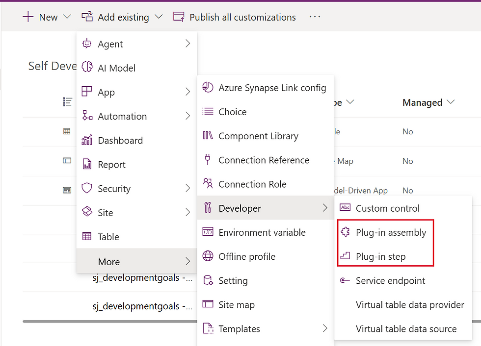 Add Existing option expanded within a Power Platform solution, showing where the options are to add an existing assembly or step into the solution.