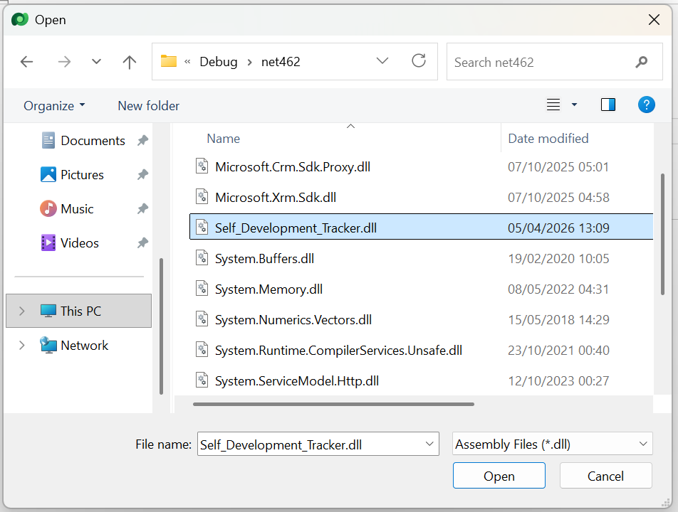 Choosing the project .dll file as part of configuring an assembly.