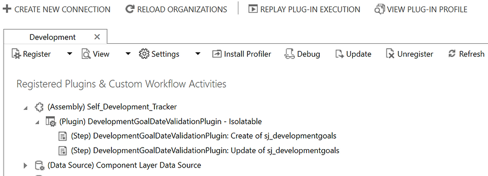 Assembly listing in the Plugin Registration Tool now showing the new assembly, plugin and two steps registered.